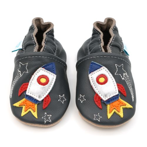Dotty Fish soft leather baby shoes with space rocket motif