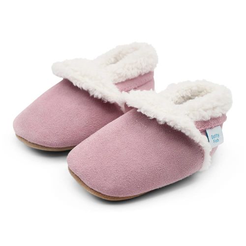 Fleece lined pink suede baby slippers from Dotty Fish 