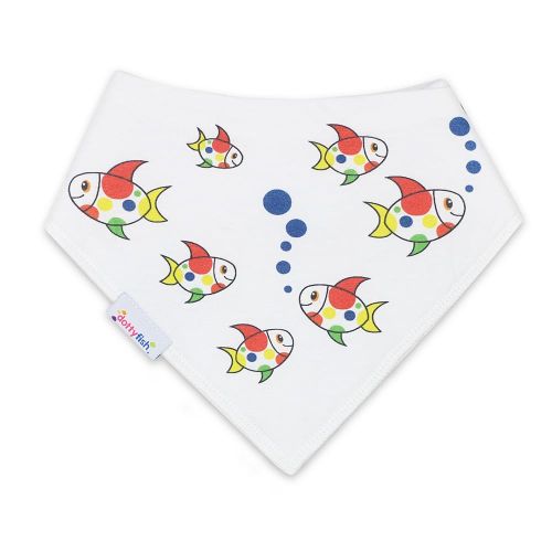 Dotty Fish Lätzchen für Babys und Kleinkinder aus weißer Baumwolle mit Dotty Fish Logo-Muster.