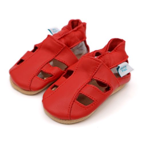 Red baby and toddler sandals with non-slip soft soles from Dotty Fish 
