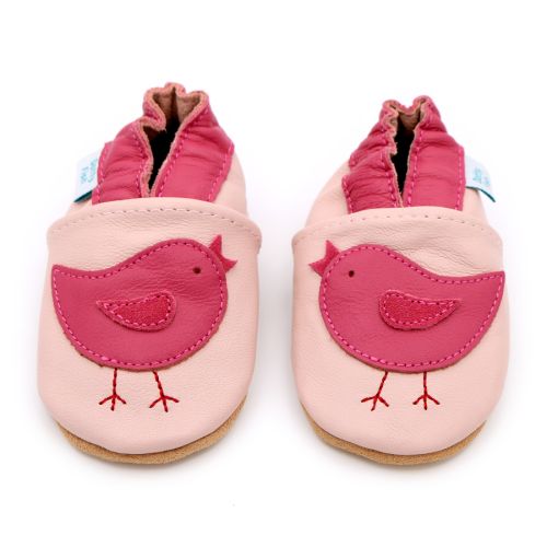 Pink soft leather baby shoes with bright pink early bird design from Dotty Fish 