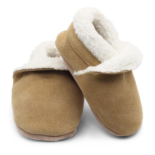 Tan suede baby slippers with warm fleece lining by Dotty Fish 