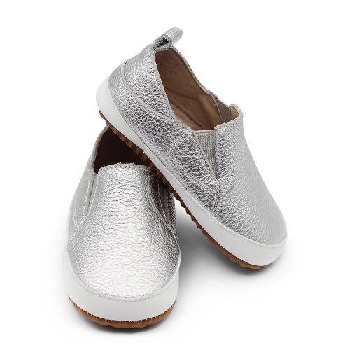 Silver slip-on leather baby and toddler shoes with rubber soles by Dotty Fish 