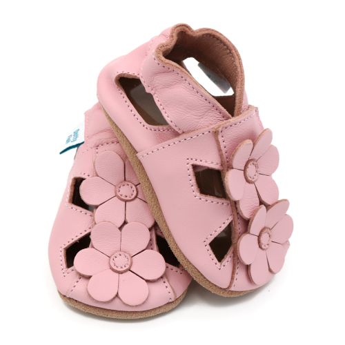 Dotty Fish rosa Leder Kleinkind weiche Sohle barfuß Sandalen mit rosa Blumen, für Mädchen.