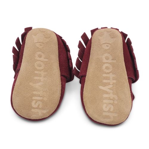 Non-slip suede soles on Berry Red Baby Moccasins by Dotty Fish 