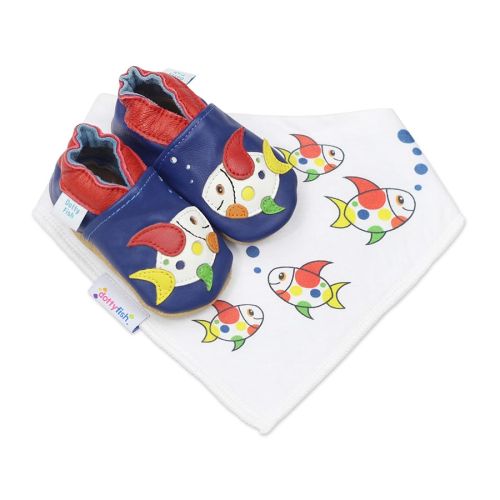 Colourful Dotty Fish soft leather baby shoes with matching baby bib for both boys and girls 