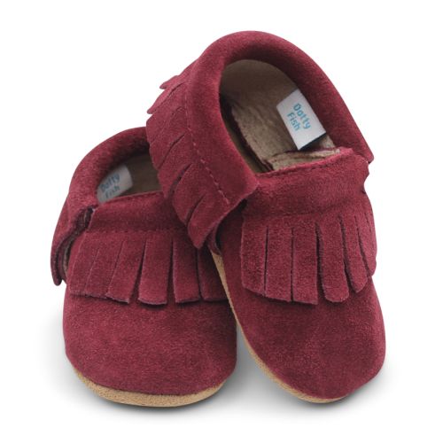 berry red suede moccasins for babies and toddlers by Dotty Fish 