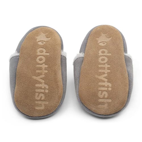 Non-slip suede sole of pale grey suede slippers from Dotty Fish 