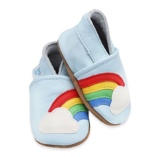 Dotty Fish himmelblaue Lederschuhe mit weicher Sohle für Kleinkinder mit Regenbogen- und Wolkenmotiv.