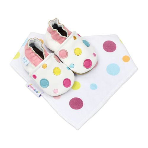 White spotty dotty soft leather baby shoes with matching colourful spotty dotty baby bib from Dotty Fish - baby girl's gift set