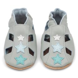 Grey soft sole baby sandals with blue star design from Dotty Fish 