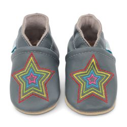 Dotty Fish Soft Leather Baby and Toddler Shoes - Grey Rainbow Star Front View