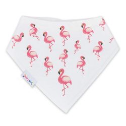 Dotty Fish Lätzchen für Babys und Kleinkinder aus weißer Baumwolle mit rosa Flamingo-Muster.