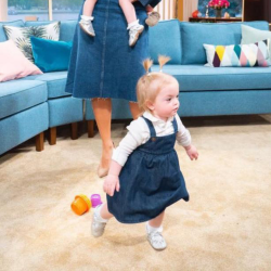 Triplets running around while wearing Dotty Fish Silver T-bar girls shoes on This Morning TV show