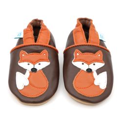 Braune Lederschuhe Dotty Fish mit weicher Sohle für Babys und Kleinkinder, mit orangefarbenem Knöchelrand und orange-weißem Fuchsdesign.