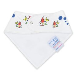 Weißes Vlies auf der Rückseite des Dotty Fish Bandana Lätzchens aus Baumwolle mit Fischmuster, für Mädchen und Jungen im Kleinkindalter.