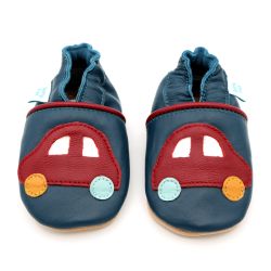 Dotty Fish navy blue soft leather baby shoes with red car design