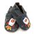 Anthrazitfarbene Dotty Fish Kinderschuhe mit weicher Sohle und einem silbernen, roten und blauen Weltraumraketen-Design.