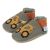 Graue Dotty Fish Lauflernschuhe mit weicher Sohle, orangefarbenem Knöchelrand und gelbem Baggerdesign.