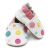 Dotty Fish Barfußschuhe für Kleinkinder aus weißem Leder mit weicher Sohle, rosafarbenem Knöchelband und bunten Punkten.
