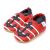 Rote Dotty Fish Lauflernschuhe mit weicher Sohle, weißen Streifen, marineblauem Knöchelband und marineblauem Anker.