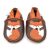 Braune Lederschuhe Dotty Fish mit weicher Sohle für Babys und Kleinkinder, mit orangefarbenem Knöchelrand und orange-weißem Fuchsdesign.