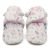 Cremefarbene Babystiefel aus Baumwolle mit rosa Fleecefutter und Blumenmuster.