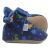 Seite der blauen Baumwollstiefel, mit blauem Fleecefutter und Dinosauriermuster.