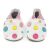 Dotty Fish aus weißem Leder mit weicher Sohle für Babys und Kleinkinder, die zum ersten Mal laufen, mit rosa Knöchelstreifen und bunten Punkten.
