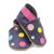 Marineblaue Barfußschuhe aus Leder für Kleinkinder mit weicher Sohle von Dotty Fish, mehrfarbig und rosa Knöchelbesatz.