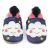Marineblaue Dotty Fish Baby- und Kleinkinderschuhe aus Leder für Mädchen mit rosa Knöchelbesatz, weißer Wolke und gelben gestickten Sternen.
