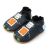 Marineblaue Dotty Fish Lauflernschuhe mit weicher Sohle und silbernem und orangefarbenem Roboterdesign.